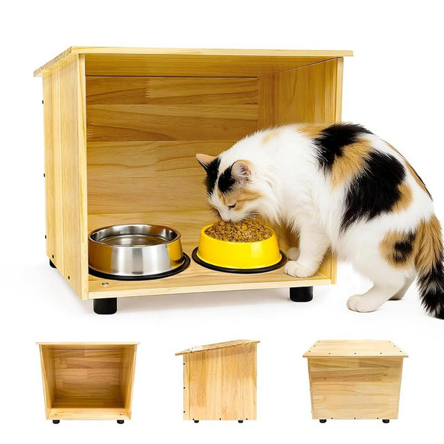 Outdoor Cat House Feeder Cat Shelter Wooden Cat House for Outdoor Feeding Station for Stray Cats or Pet Cats