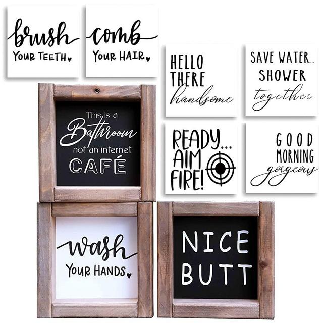 Funny Bathroom Signs Decor, Farmhouse Bathroom Decor with 9 Interchangeable Sayings, Rustic Accessories for Restroom Bathroom Shelf Decor Sign for Kids Bathroom 6x6"，Black and White Bathroom Decor