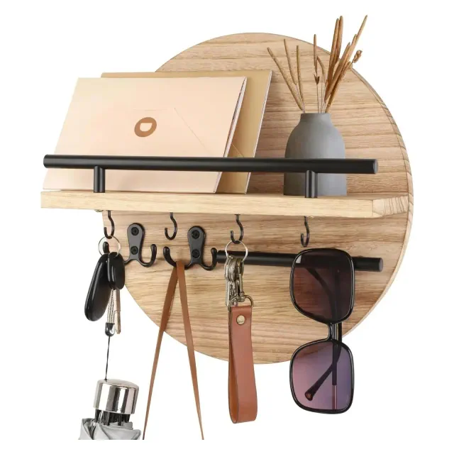 LunaLulinlk Key Holder for Wall Decorative with Shelf and Hooks, Wood Round Wall Mount with Holder, Entryway Key Rack Hanger, Beige