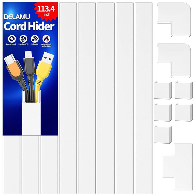 Delamu Cord Covers for Wires on Wall, 113.4in TV Cord Hider, Self-adhesive Cable Hider Cable Cover Raceway, Paintable Wire Hider Wire Covers for Cords, Hide Cords Wall Mounted Tv, W0.95×H0.55in, White