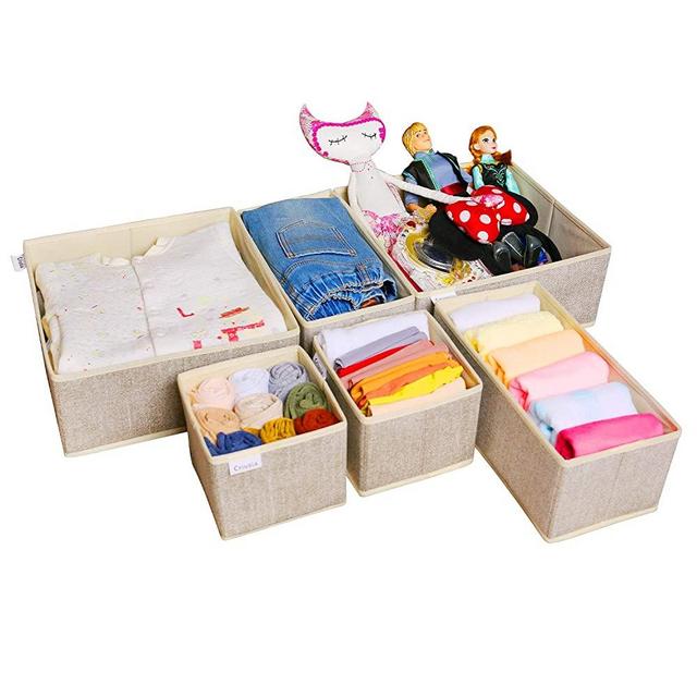 Criusia Underwear Drawer Organizer, 6 Set Foldable Underwear Drawer Organizer and Closet Dividers,Storage Box for Clothes, Socks, Underwear (6 Bins, Beige)