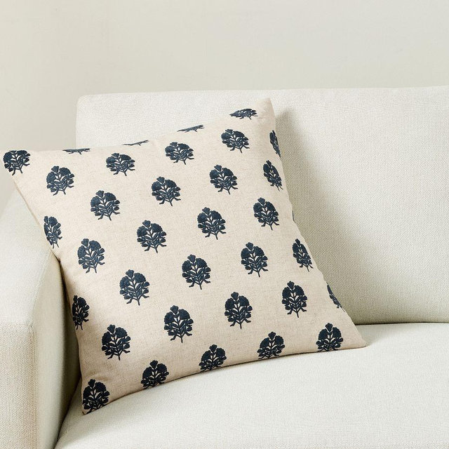 Mila Embroidered Pillow Cover, 20", Natural/Indigo
