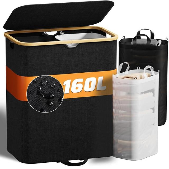 XLHOMO Laundry Hamper with Lid, 160L Black Laundry Hamper 2 Section Dirty Clothes Hampers for Laundry Foldable Laundry Basket Organizer Double Laundry Hamper for Bedroom, Laundry Room, Bathroom
