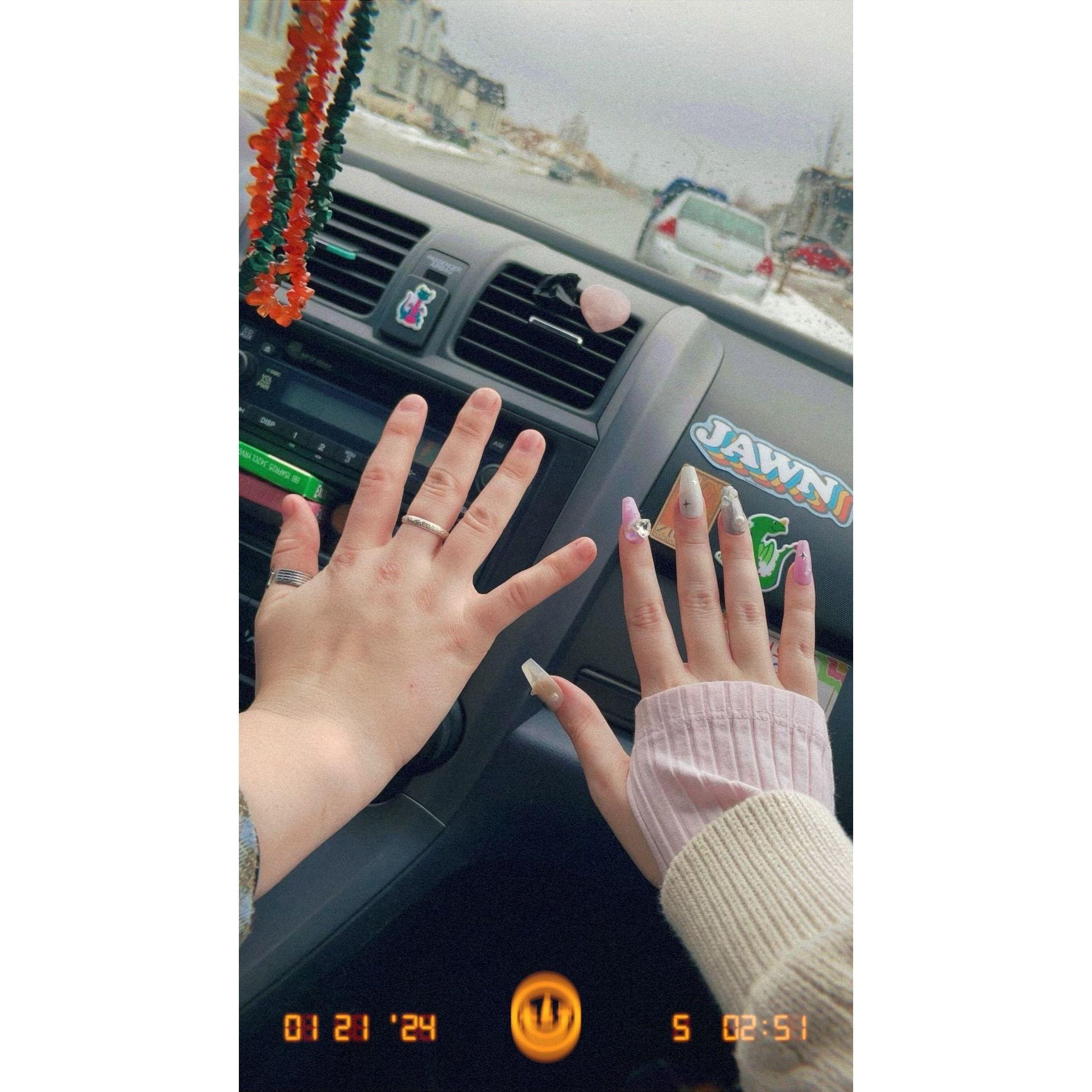 Typical "in love" things, comparing our hands.