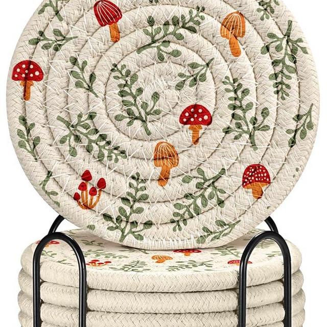 Kokaaee Cup Coasters for Drinks Absorbent - for Coffee Wooden Table Office Cute Farmhouse Outdoor Rustic Desk Kawaii Woven Women Kids Soft Cloth Braided Fabric Mushroom Coaster Set of 6 with Holder
