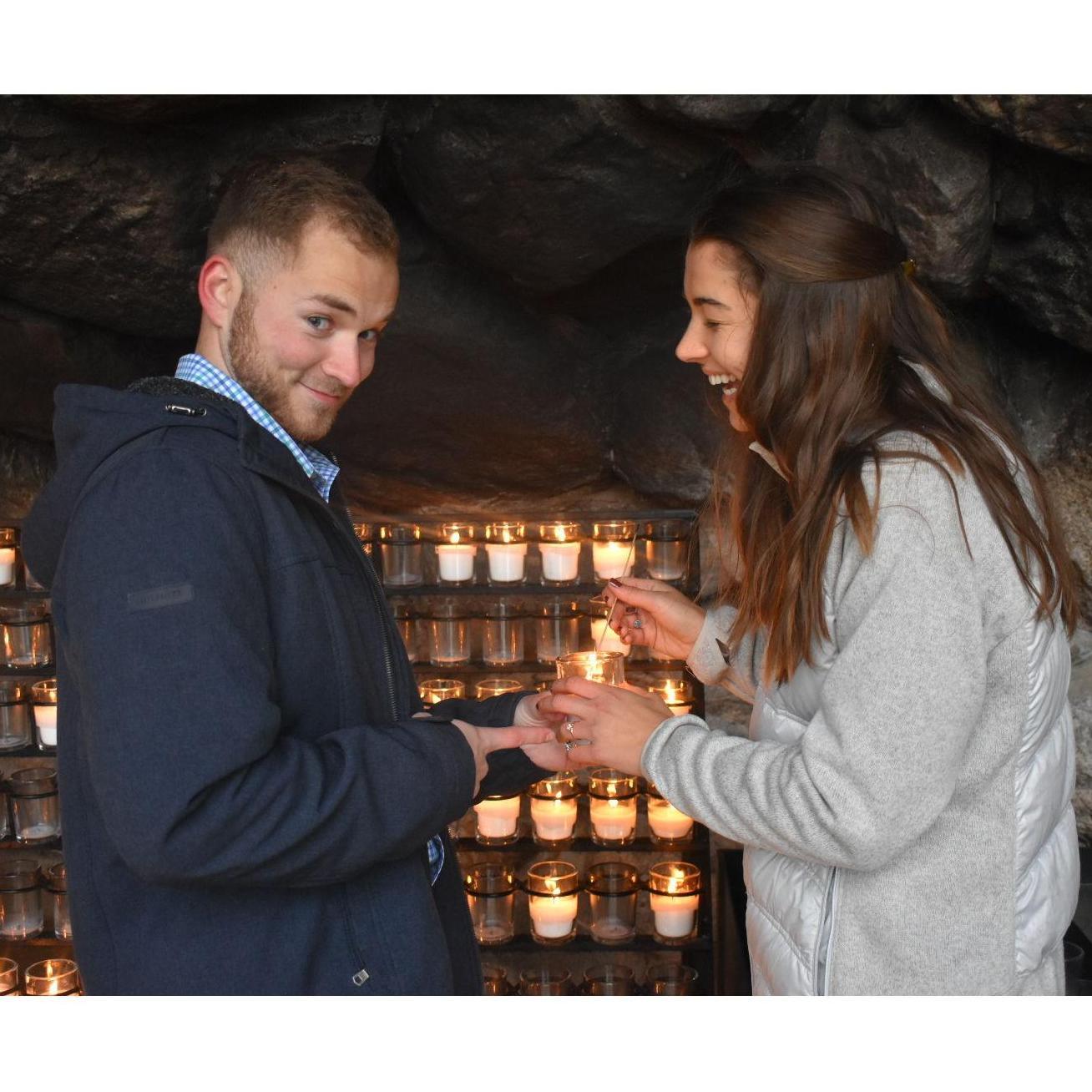 Lighting a candle at the grotto right after Andrew proposed! As you can see, he's very pleased with himself ;)