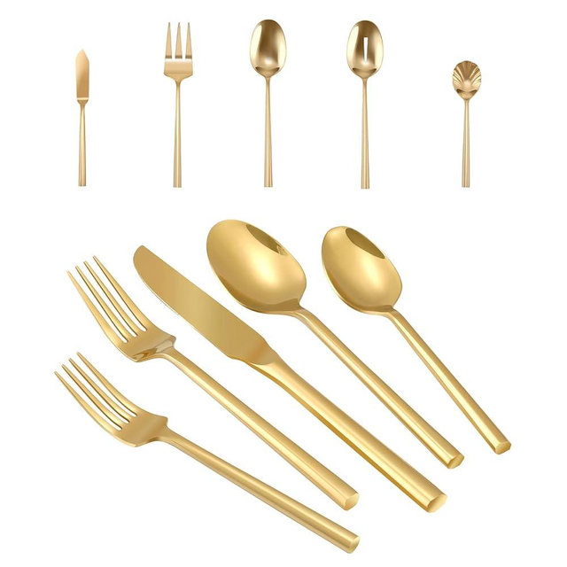 Kelenfer Silverware 65-Piece Gold Flatware Set with Serving Utensils Stainless Steel Thick Heavy Mirror Polished Cutlery Set for Wedding Hotel Restaurant, Service for 12