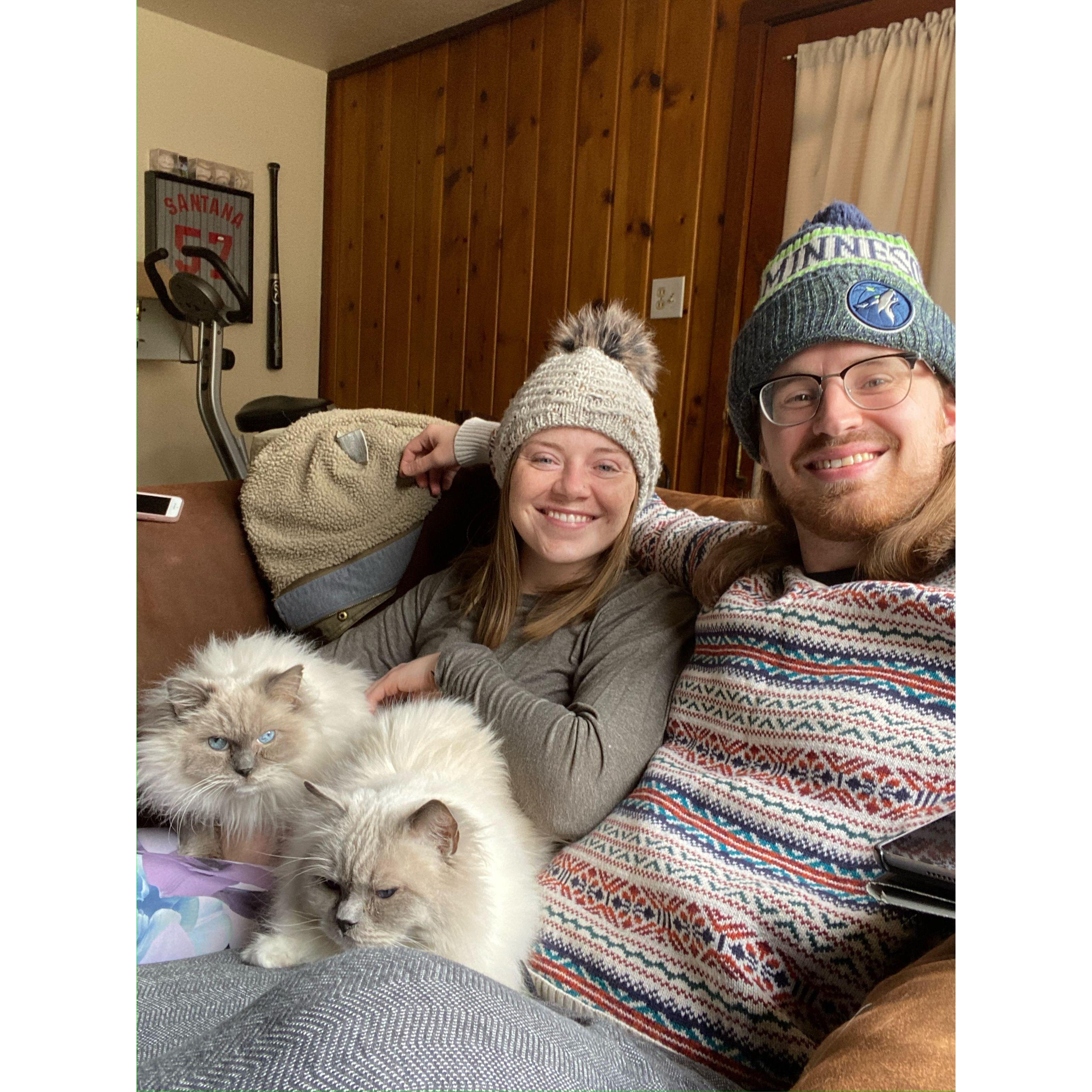 With our cats, Cooper & Sonora. We fell in love with Ragdolls (most dog-like cat breed) when we couldn't have a dog in CO. Our first cat Mrs. Puff was an angel & opened Katie up to being a cat lady.