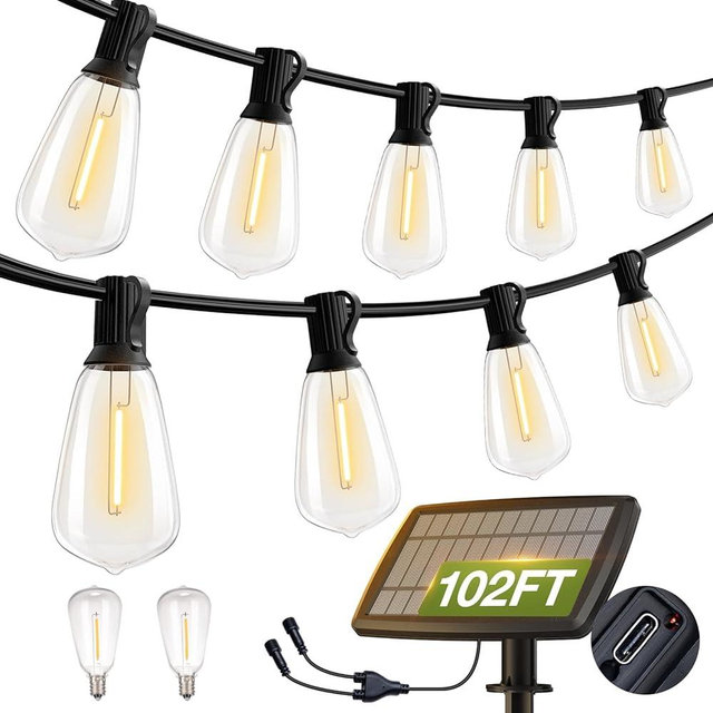 addlon 102(96+6) FT Solar String Lights Waterproof,Patio Lights Solar Powered with USB Port & 3 Lighting Modes 30+2 LED Shatterproof Bulbs Outdoor Lights for Camping Backyard Garden