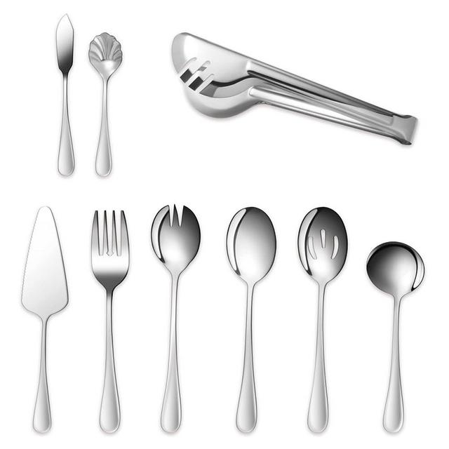 Stainless Steel Serving Utensil, 9 Pcs Catering Serving Utensils Set with Large Serving Spoon,Slotted Spoons,Serving Forks,Soup Ladle,Serving Tongs,Pie Server,Butter Knife for Parties,Kitchen,Buffet