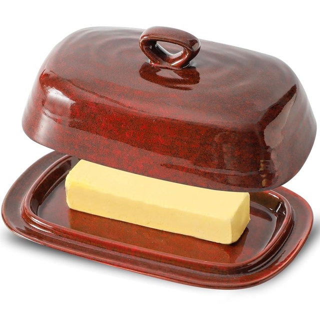 Hasense Butter Dish with Lid for Countertop, Ceramic Butter Tray with Handle, Large Butter Keeper Holder for West East Coast Butter, Modern Kitchen Christmas Decor, New Year, Thanksgiving Gift, Red