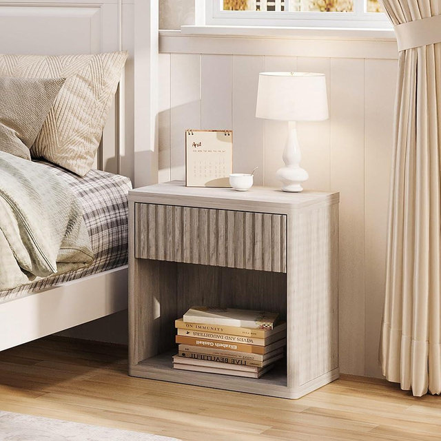 GRUSIGN Nightstand with Drawer Storage Fluted Bed Side Table End Table Large Modern 22.76" Wide Bedside Stand Mid Century Night Stands for Bedroom Living Room Sofa Couch Home Office, Light Grey