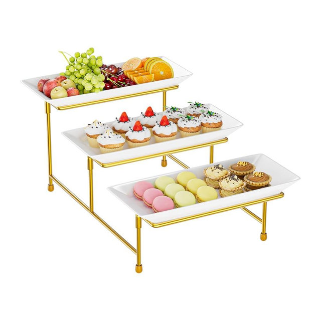 3 Tier Serving Tray for Party, 12"x6" Tiered Serving Platters with Steel Display Stand for Sevring Food,Cookies,Veggie, Dessert,Fruit, Gold