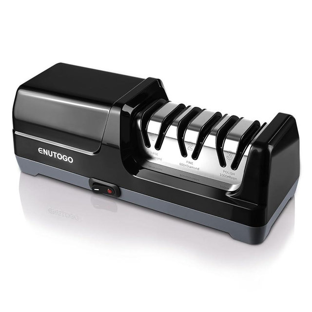 Enutogo Knife Sharpener, 3-Stage Electric Knife Sharpener for Kitchen Knives, 100% Diamond Abrasive with Quick Sharpening & Polishing, Professional Sharpening Tool with Metal Dust Collection Box