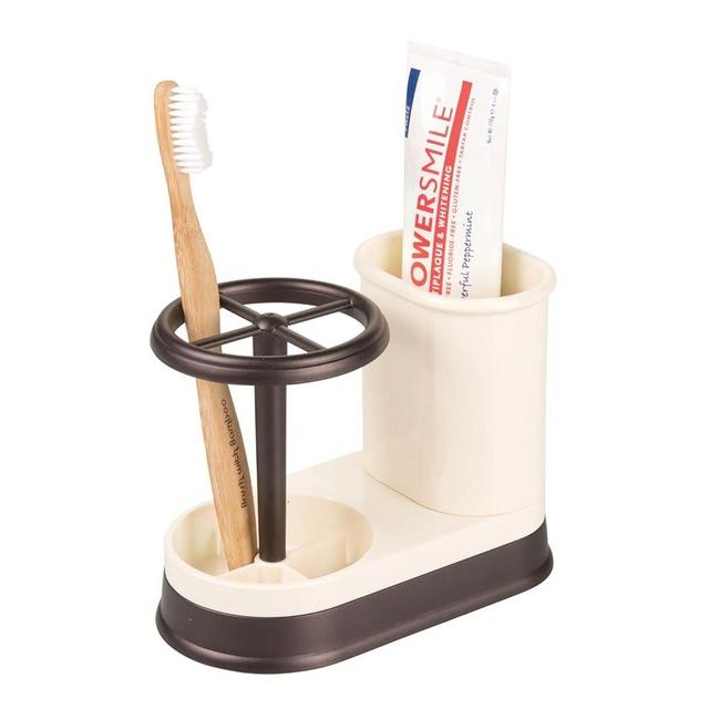 mDesign Decorative Bathroom Dental Storage Organizer Holder Stand for Electric Spin Toothbrush/Toothpaste - Compact Design for Countertop and Vanity, Holds 4 Standard Brushes - Vanilla/Bronze