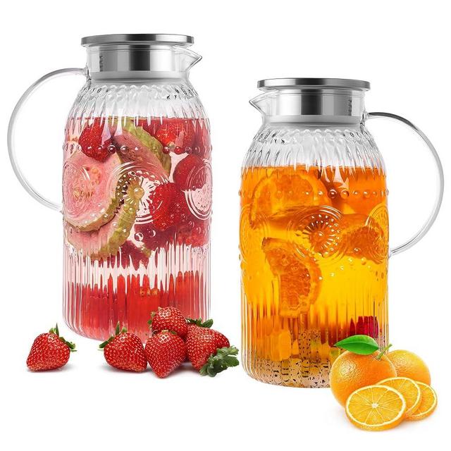 Bandesun Glass Pitcher with Lid, 68 oz/ 2 Liter 2Pack Vintage Water Pitcher,Glass Water Carafe for Cold Brew, Coffee, Lemonade, Iced Tea,Beverage, Heat Resistant Jug