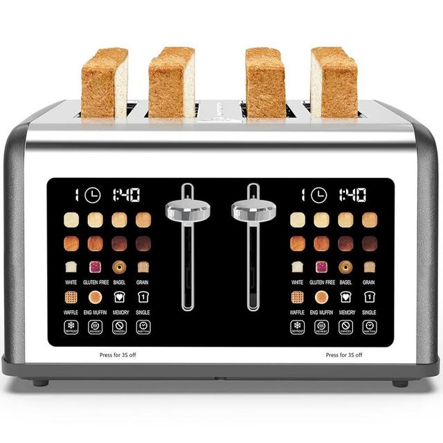 4 Slice Toaster Touch Screen, Stainless Steel Toasters Digital Timer, Dual Control Panel Toasters, 8 Shade Settings 6 Bread Types for Bagel, Cancel, Defrost 1650W Grey