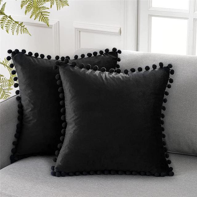 Top Finel Decorative Cushion Covers with Pom-poms Soft Particles Velvet Solid Pillow Covers 24 X 24 for Couch Bedroom Car, Pack of 2, Black