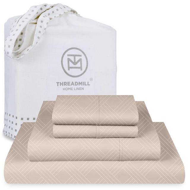 Threadmill King Size Sheets for King Mattress | 800 Thread Count Jacquard Celine Light Beige | Better Than Egyptian Cotton | 4 Pc Bed Sheets | Damask Sheets Fits 16'' Deep Pocket | 100% Cotton Sheets