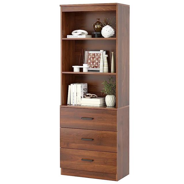FOTOSOK 71 Inches Tall Storage Cabinet, Bookcase with 3 Drawers and 3-Tier Open Shelves, Wooden Bookshelf Storage Organizer for Living Room, Study, Kitchen, Home Office, Cherry