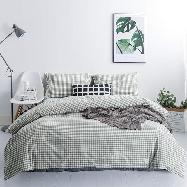 SUSYBAO Green Gingham Duvet Cover King Size 100% Washed Cotton Grid Duvet Cover Set 3 Pieces 1 Green Plaid Duvet Cover with Zipper Ties 2 Pillow Cases Luxury Green Gingham Grid Bedding Set Breathable