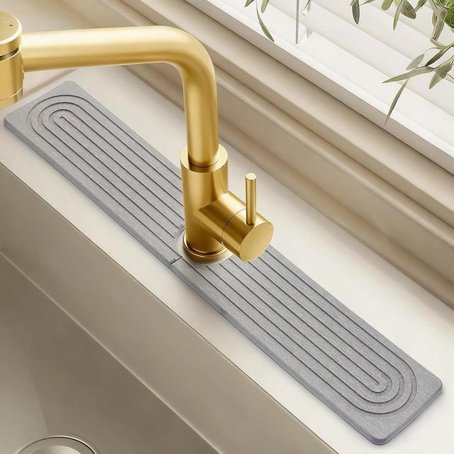 Stone Faucet Mat for Kitchen Sink, 23.6" Fast Water Absorbing Stone Mat for Kitchen Sink Faucet, Absorbent Kitchen Faucet Mat Sink Splash Guard, Diatomite Stone Sink Tray for Kitchen Bathroom Gray