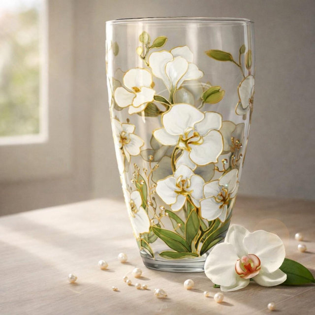 Hand painted orchid vase, Handmade glass flower vase, Personalized mom gift, White flower home decor, Round small & big vase, Orchid art