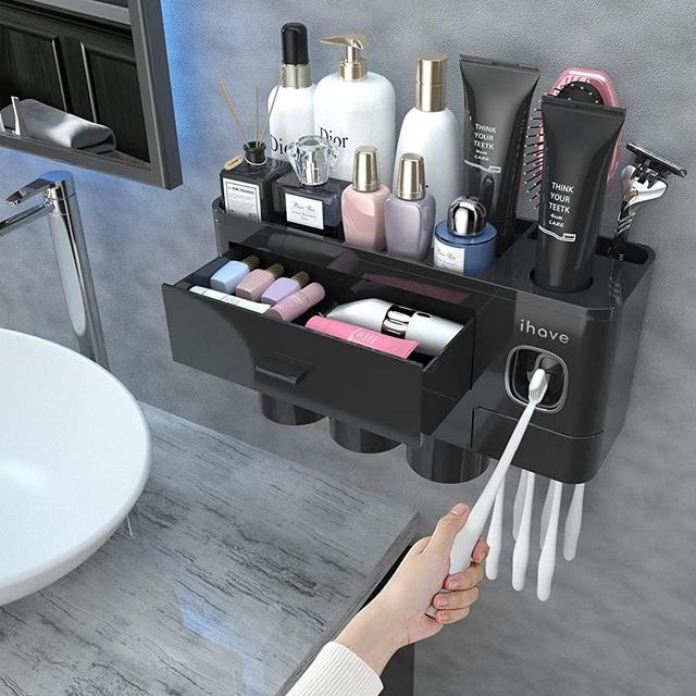 iHave Toothbrush Holder for Bathroom Storage, 3 Cups Toothbrush Holder Wall Mounted with Toothpaste Dispenser Bathroom Set, Large Capacity Tooth Brushing Holder Bathroom Organization and Storage
