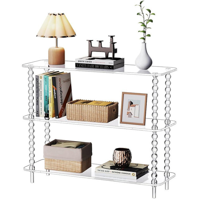Dewrhiixe Acrylic Clear Console Table for Entryway, 3-Tier Sofa Table Bookshelf, Low Bookcase with Open Storage Shelves, (Clear, 31.5"×11.8“×28.6”)