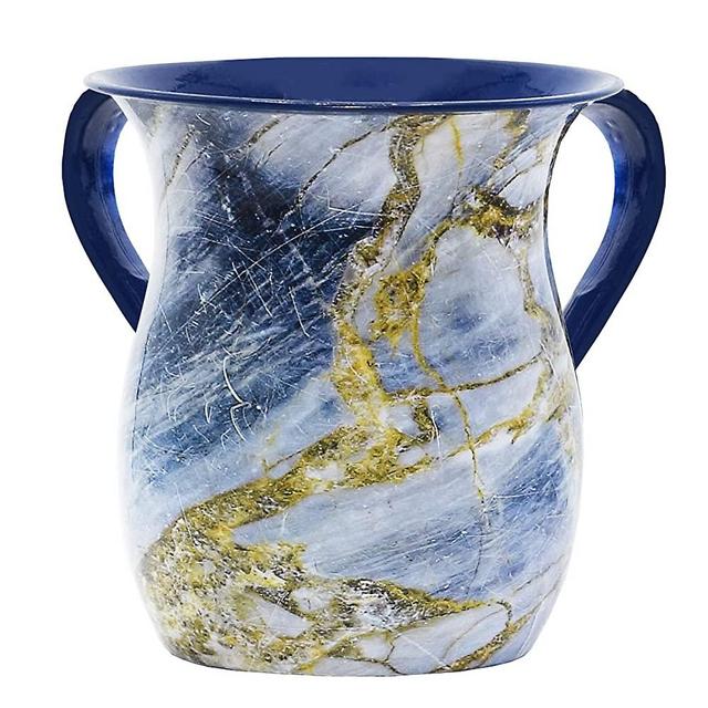 Stainless Steel Netilat Yadayim Cup – Blue and Gold Stone Painted Design - Looks Like Ceramic - Rust, Break and Crack Proof Negel Vasser Cup - Judaica Gift Collection by The Kosher Cook