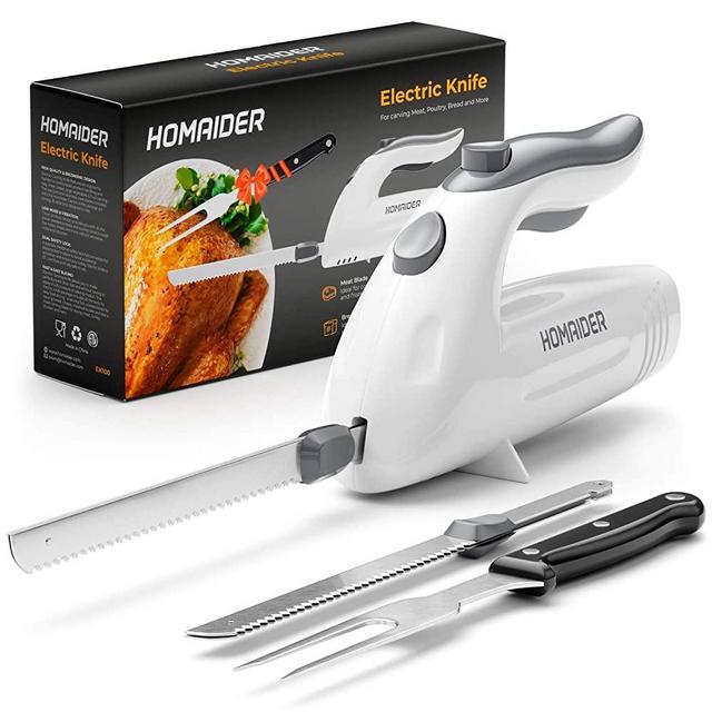 Homaider Electric Knife for Carving Meat, Turkey, Bread & More. Serving Fork and Carving Blades Included