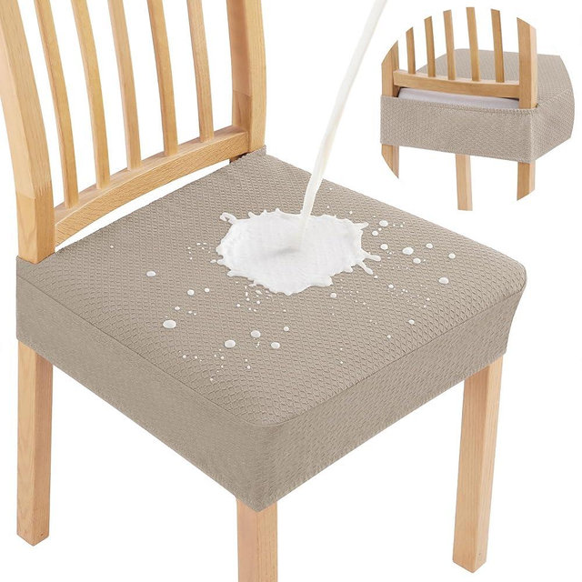 Smiry Waterproof Seat Covers for Dining Room Chairs Set of 4, Stretch Jacquard Removable Washable Chair Seat Slipcovers Protector, No Rear Covers, Taupe