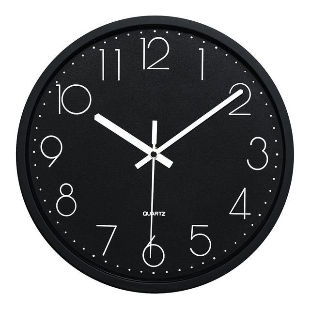 Plumeet Wall Clock, 12'' Bedroom Wall Clocks Battery Operated, Silent Quartz Clock Decorate Kitchen Living Room, 3D Numbers Display Easy to Read, Black