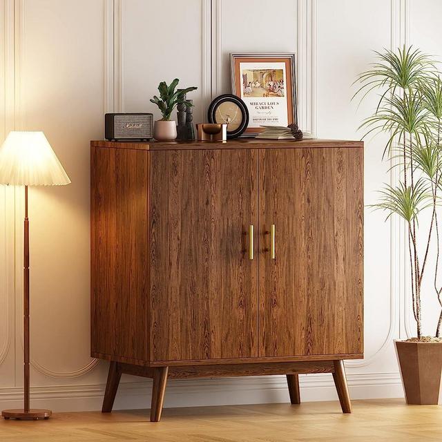 MIERES Buffet Sideboard Bar Cabinet, Industrial Wine Cabinet with Wine Rack and Glasses Holder, Freestanding Storage Cabinet with Double Doors for Kitchen, Dining Room, Living Room (Dark Brown)