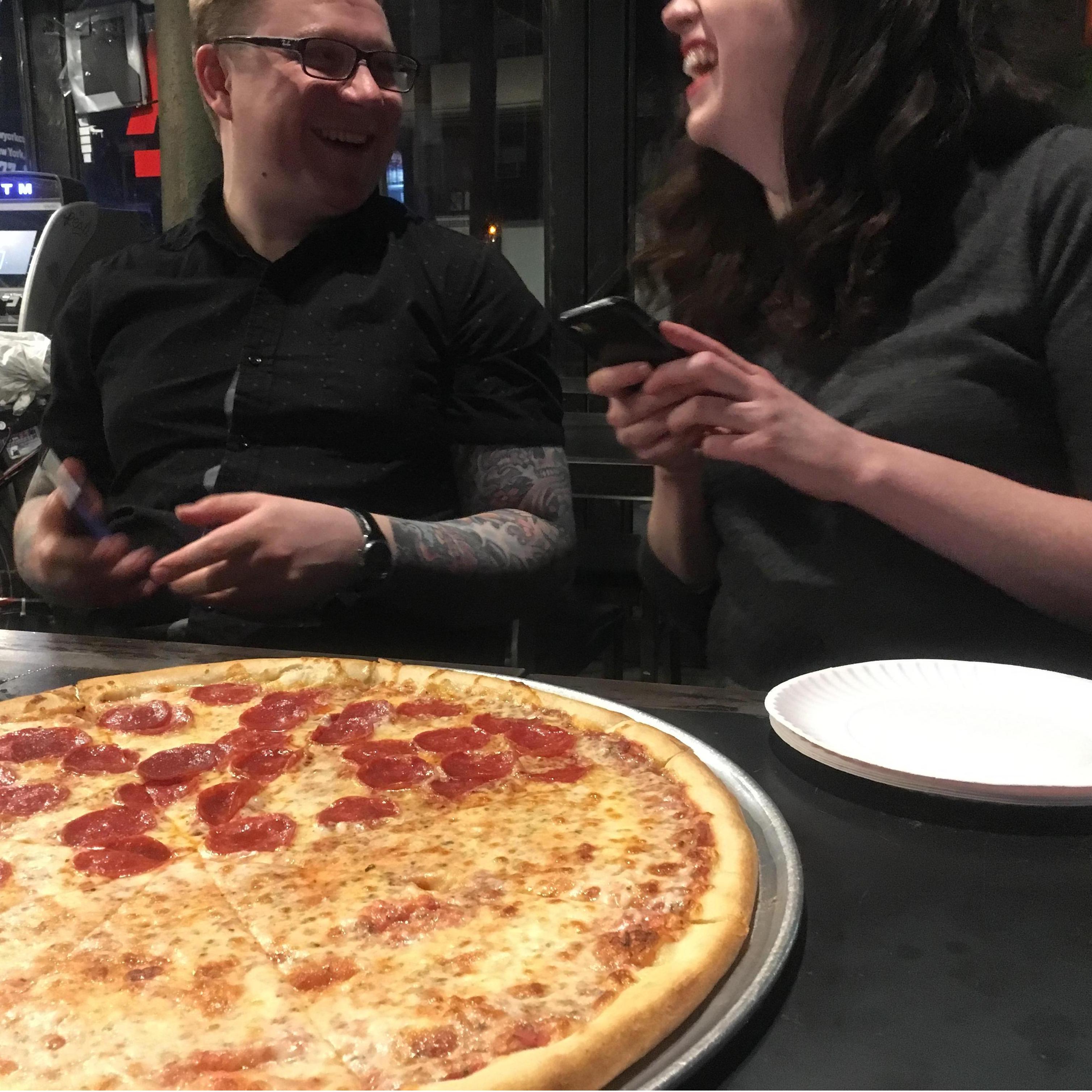 Our first documented picture together....and the first of many pizzas shared.