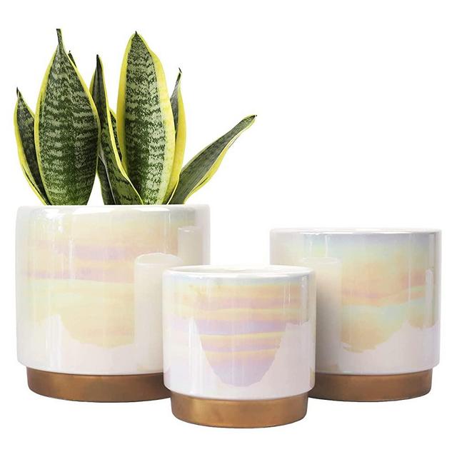 White Indoor Pots for Plants, Ceramic Planter with Drainage Hole, 6.0 inch+5.0 Inch+4.0 Inch. Succulent Orchid Flower Pot - Rainbow Pearl Glaze