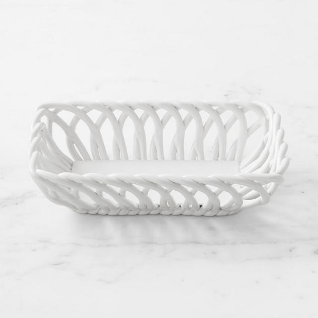 Low Ceramic Woven Bread Basket, White