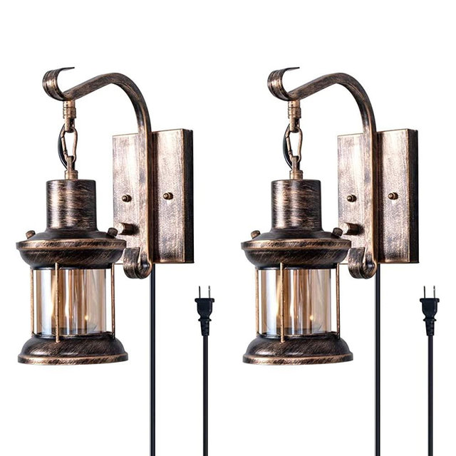 Rustic Wall Light, 2-in-1 Oil Rubbed Bronze Vintage Wall Light Fixtures Hardwired Plug in Industrial Glass Shade Lantern Lighting Retro Lamp Metal Wall Sconce for Home Bedroom Dining Room café(2 pack)