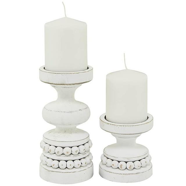 Deco 79 Wood Beaded Pillar Candle Holder, Set of 2 8", 4"H, White