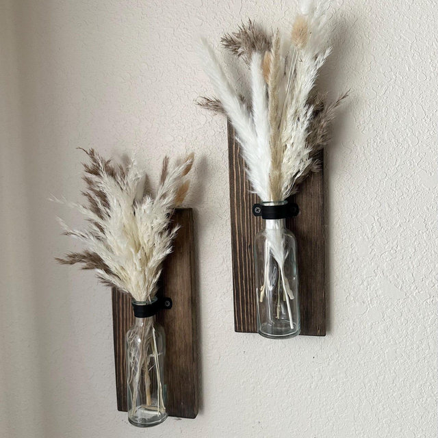 Rustic Farmhouse Sconces Pampas Grass or Eucalyptus | Hanging Jar Wall Decor | Fall Wall Art | Boho Home Decor | Neutral Decorations