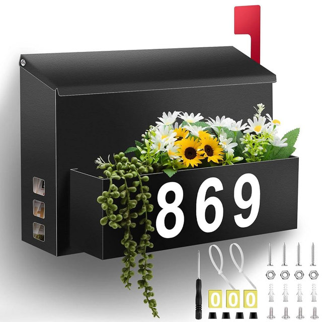 Wall-Mount Mailbox with Flag, Large Capacity Mailboxes for Outside House with Planter & 3 Sets of 0-9 Mailbox Number Stickers, Galvanized Steel Rust-Proof Post Box Metal Mail Box, 13.8"W*9.8"H*3.9"D