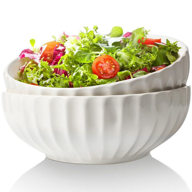 AISBUGUR Salad Bowls, 96 OZ (10") Ceramic Large Salad Bowls Set for Soup, Pasta, Fruit,Snacks - White Serving Bowls for Entertaining, Dinner, Party,Set of 2