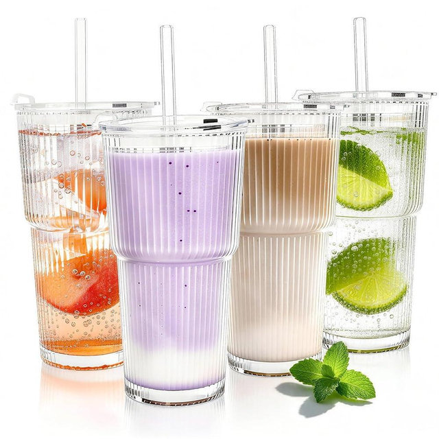 AiMQnLe 20oz Glass Tumblers with Lids and Straws, Set of 4, Reusable Iced Coffee Cups, Vintage Drinking Glasses, Ribbed Glassware for Cocktail Beer, Juice, Home, Office, Party Gifts, Dishwasher Safe