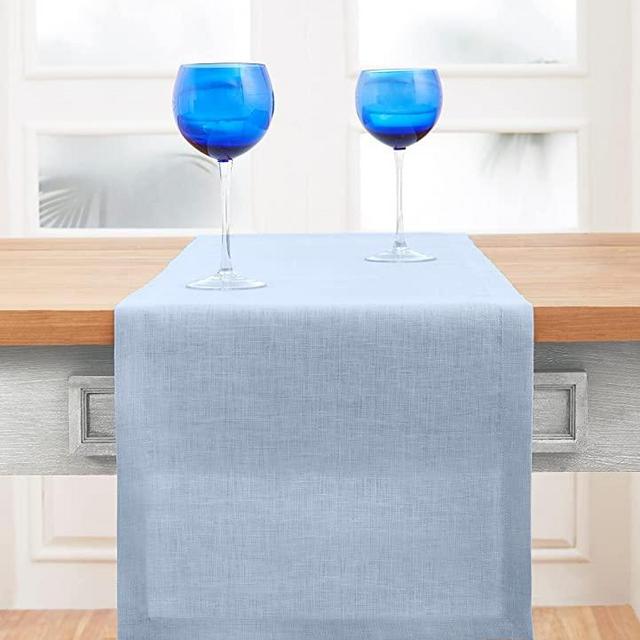Solino Home 100% Pure Linen Table Runner – 14 x 90 Inch Fete, Handcrafted from European Flax, Natural Fabric Runner – Sky Blue
