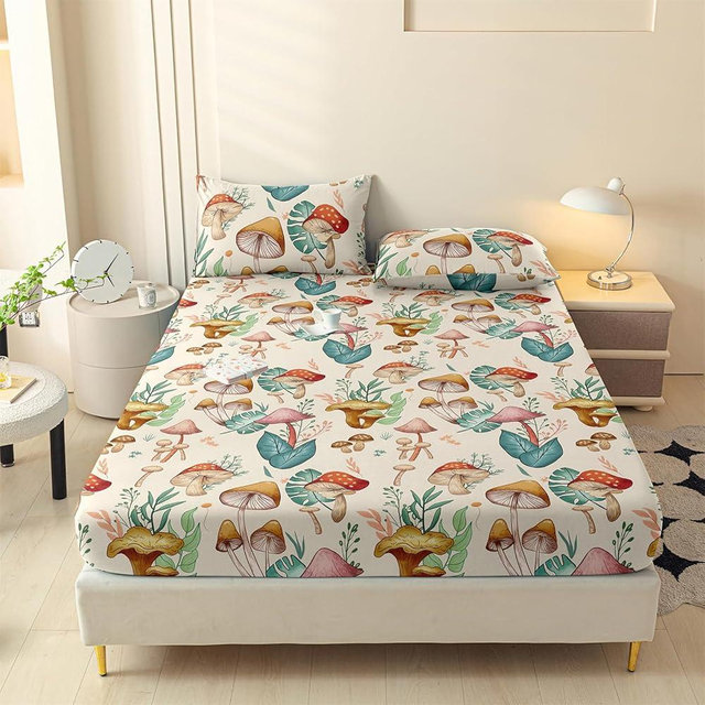 LweiPsqLin Queen Size Fitted Sheet - Mushroom Brushed Microfiber Bed Sheet with 15 Inch Deep Pocket Elastic Edges - Shrink & Fade Resistant, Botanical Print Bedding