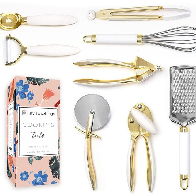 White Gold Kitchen Tools and Gadgets - Luxe 8PC Cooking Tools and Gadgets with Anti-Slip Handles, Gold Utensils Set, Gold Kitchen Accessories and White Kitchen Utensil Set,Premium Kitchen Gadget Set