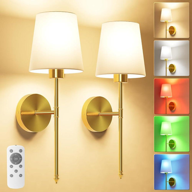 JOFIOS 19.9 inch Battery Operated Wall Sconce Set of 2, Indoor Wireless Rechargeable Wall Lights: Dimmable Detachable Wall Lamp with Remote, 3 Color Temperatures, Wall Sconce for Bedroom Room (Gold)
