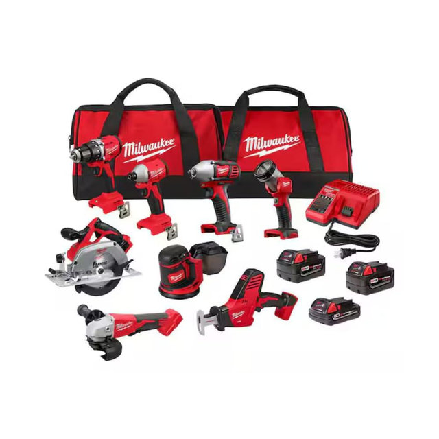 Milwaukee M18 18V Cordless Power Tool Combo Kit, 8-Tool Set, 3 Batteries, 2 Tool Bags, Charger Included