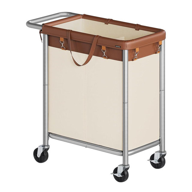 SONGMICS Laundry Basket with Wheels, 2-Section Rolling Laundry Hamper, 37 Gallons (140 L), Removable Liner, Steel Frame with Handle, 27.2 x 15.4 x 31.9 Inches, Coffee Brown and Cream White URLS004KQ02