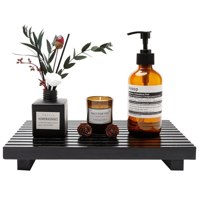 Black Wood Riser Display Stand for Bathroom Organizer Tray Kitchen Counter Decor Sink Accessories Decorative Wooden Pedestal for Kitchen Soap Tray Vanity Bathroom Counter Decor Dish Soap Holder
